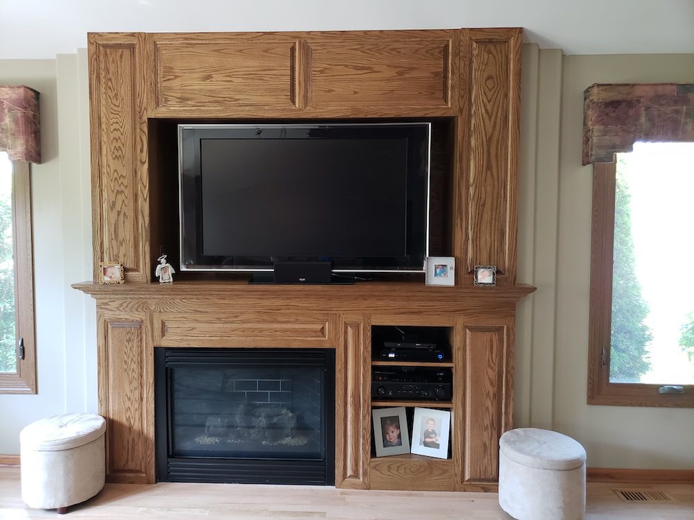 Custom Wood Shelving for TV and Fireplace